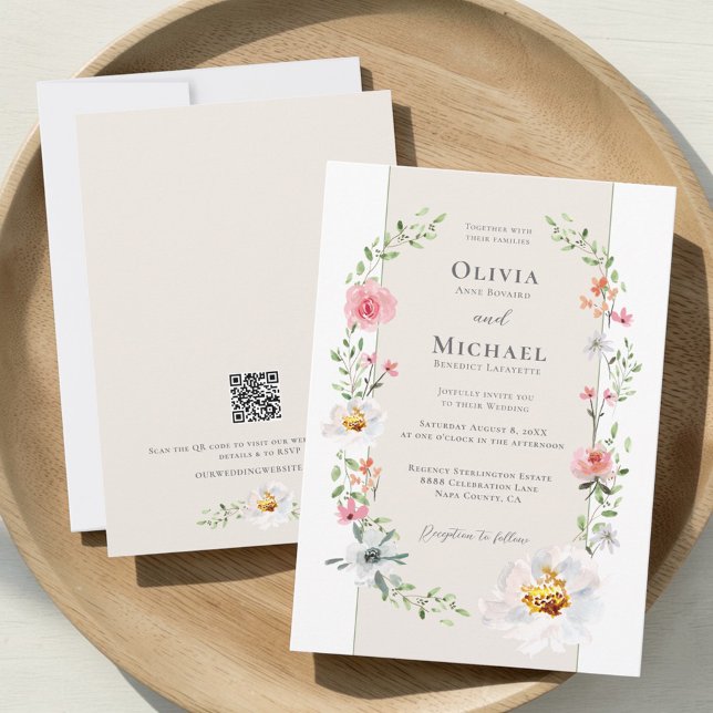 Romantisk Trädgårdsblommig Krans QR-kod Herrgård B Inbjudningar (Romantic garden wedding estate formal invitation with QR code website.)
