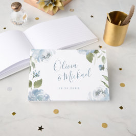 Romantisk trädgårdsdamm, blå blommigt bröllop gästböcker