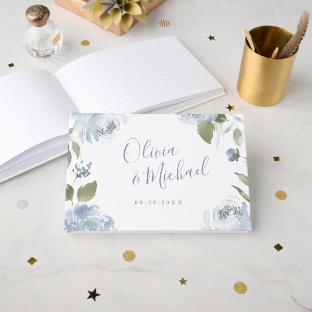 Romantisk trädgårdsdamm, blå blommigt bröllop gästböcker (Framsida öppen)