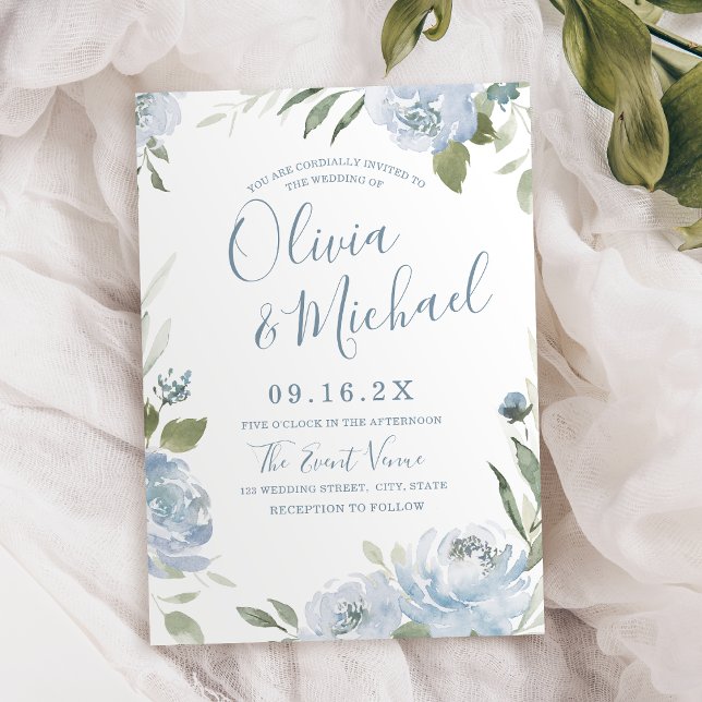 Romantisk trädgårdsdamm, blå blommigt bröllop inbjudningar (Romantic garden dusty blue floral wedding invitation)