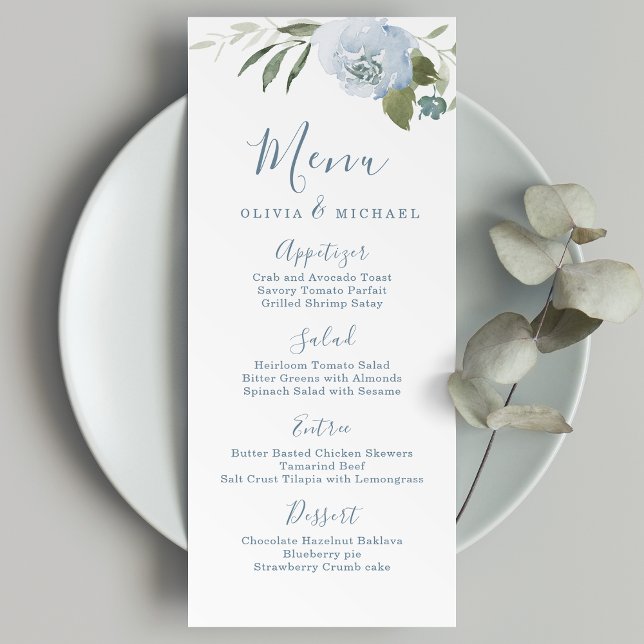 Romantisk trädgårdsdamm, blå blommigt bröllop meny (Romantic garden dusty blue floral wedding menu)