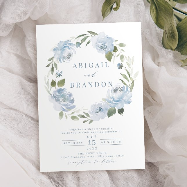Romantisk trädgårdsdamm, blå blommigt, utandning b inbjudningar (Romantic garden dusty blue floral wreath wedding invitation)