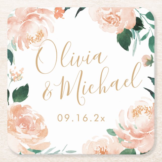 Romantisk trädgårdspersika, vattenfärg blommigt br underlägg papper kvadrat (Framsidan)