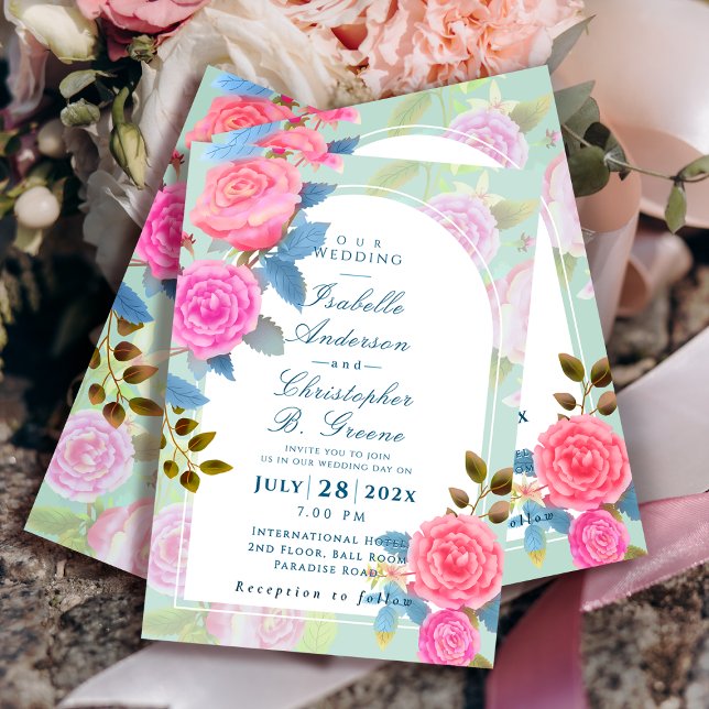 Romantisk trädgårdsrosbröllop inbjudningar (Elegant Vintage Rose Arch Wedding Invitation.)