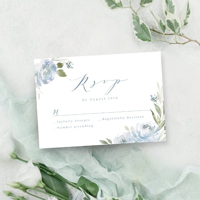 Romantisk trädgårdstrumlig bröllop OSA för blå blo Kort (Romantic garden dusty blue floral wedding RSVP car)