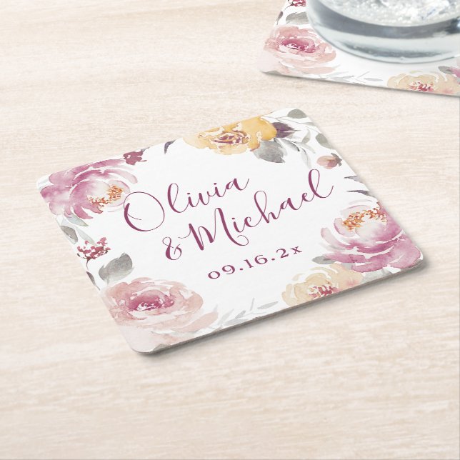 Romantisk trädgårdsvattenfärg blommigt par namn underlägg papper kvadrat (Vinklad)