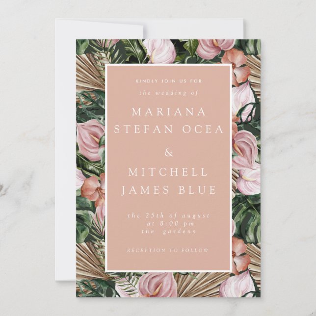 Romantisk tropisk Blommigt med mjuk Grönt för Rosa Inbjudningar (Framsida)