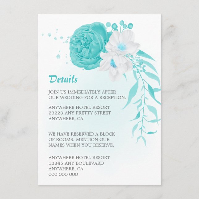 Romantisk turkos vit blommigt bröllop tilläggskort (Framsida)