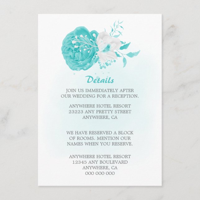 Romantisk turkos vit blommigt bröllop tilläggskort (Framsida)