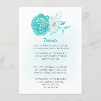 Romantisk turkos vit blommigt bröllop tilläggskort