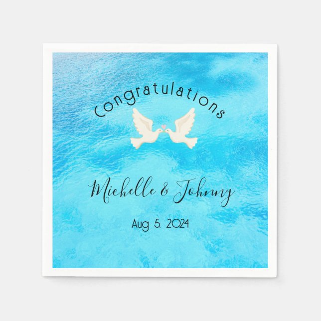 Romantisk - två duvor med rosa hjärta på blått pappersservett (Framsidan)