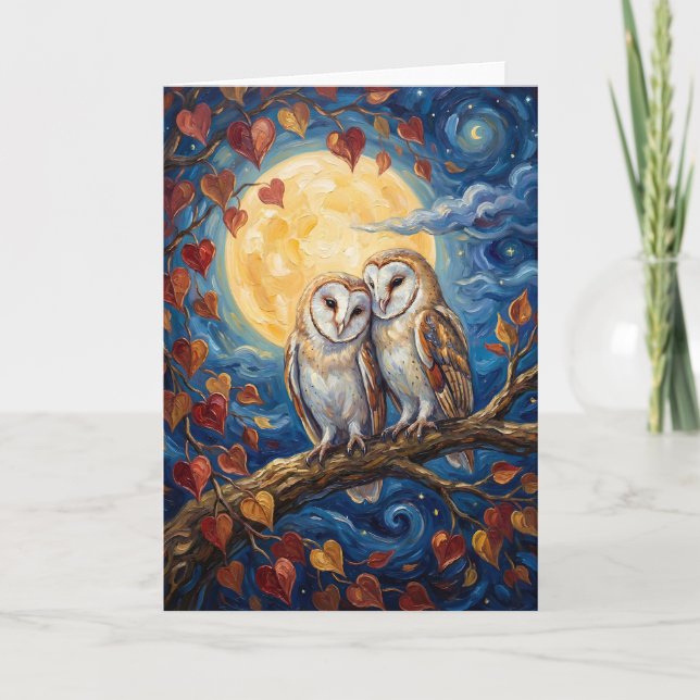 Romantisk Ugglmålningsfärg i Månsken Helgkort (Framsida)
