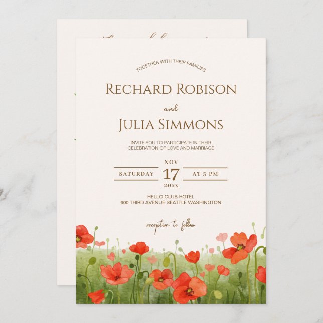 Romantisk vallmo Blommigt Röda bröllopsinbjudan Spara Datumet (Fram/baksida)