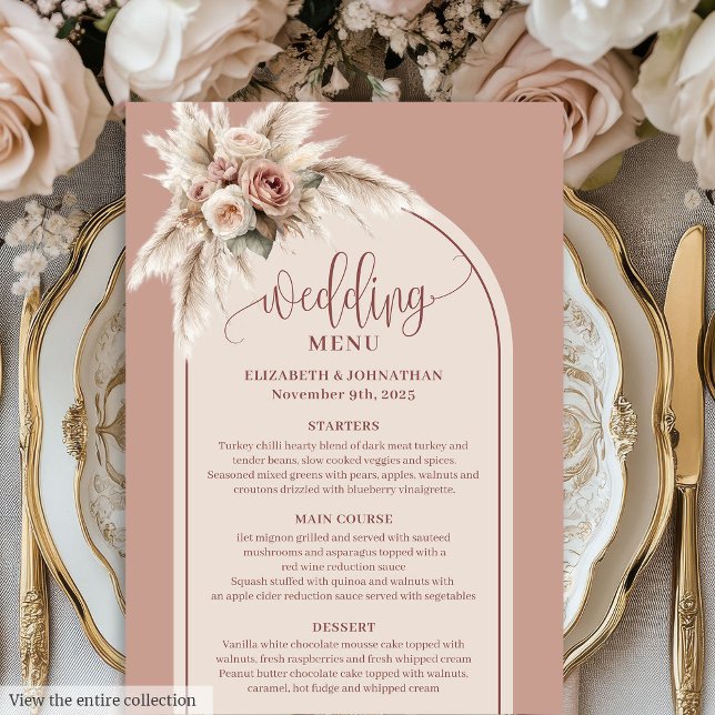 Romantisk valv Pastell Rosa Pampas Sage Blommig Me Meny (Romantic Arch Pastel Pink Pampas Floral Wedding Menu)