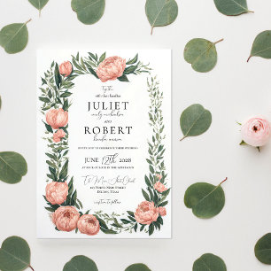 Romantisk Vår Rosa Peony Löv Gräns Bröllop Inbjudningar