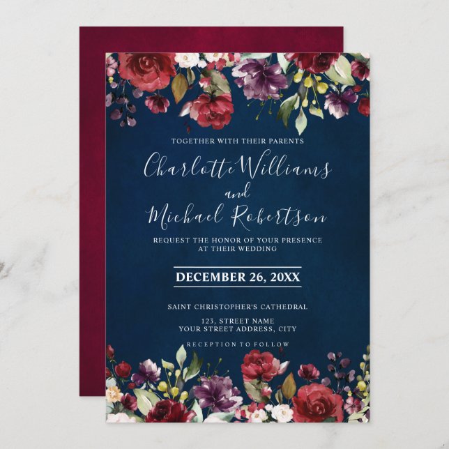 Romantisk vattenfärg Burgundy Red Navy Blommigt Inbjudningar (Fram/baksida)