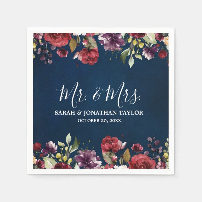 Romantisk vattenfärg Burgundy Red Navy Blommigt Pappersservett (Framsidan)