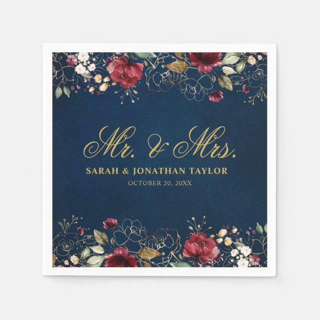 Romantisk vattenfärg Burgundy Red Navy Blommigt Pappersservett (Framsidan)