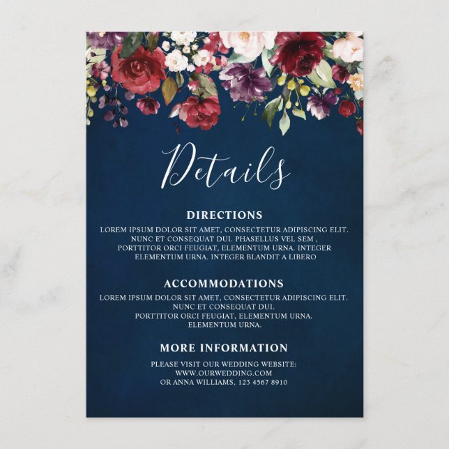 Romantisk vattenfärg Burgundy Red Navy Blommigt Tilläggskort (Framsida)