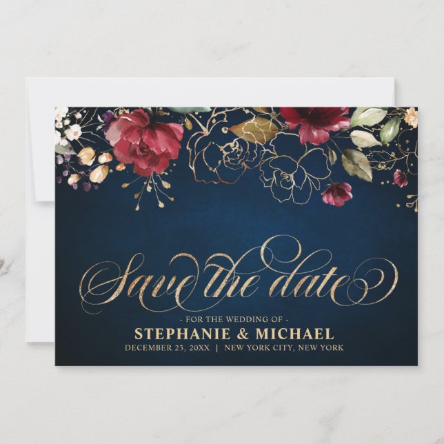 Romantisk vattenfärg Burgundy Red Navy Guld Blommi Spara Datumet (Framsida)