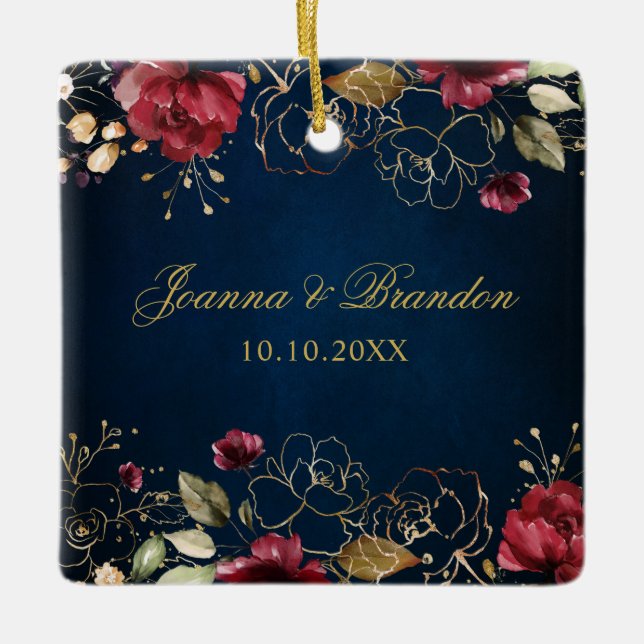 Romantisk vattenfärg Burgundy Red Navy Ro Blommigt Julgransprydnad Keramik (Framsida)