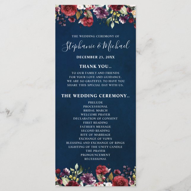 Romantisk vattenfärg Burgundy Red Navy Ro Blommigt Program (Framsida)