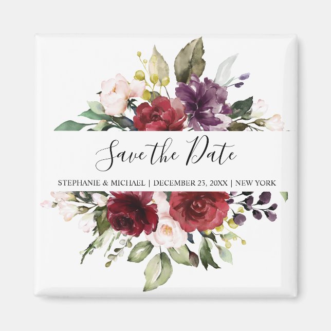 Romantisk vattenfärg Burgundy Red  Ro Blommigt Magnet (Framsidan)