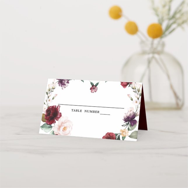 Romantisk vattenfärg Burgundy Red  Ro Blommigt Placeringskort (Framsida)