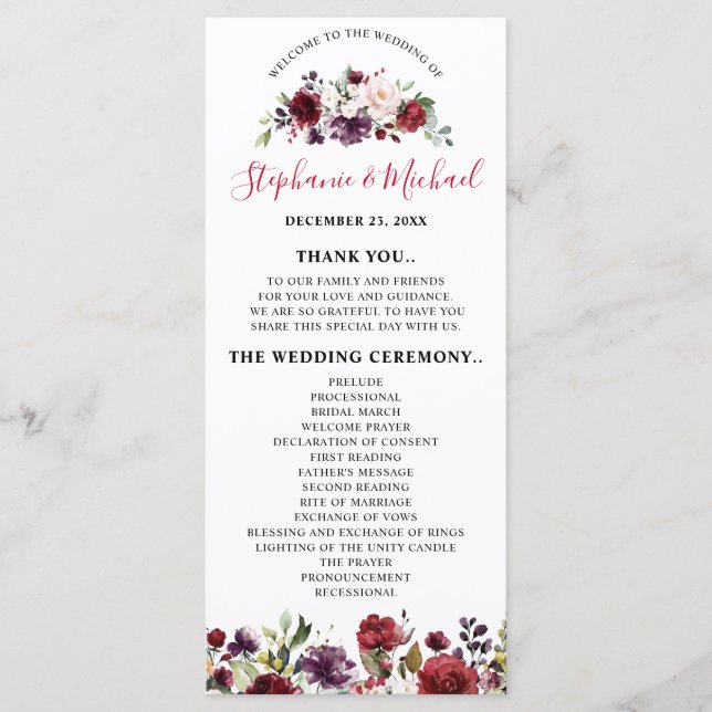 Romantisk vattenfärg Burgundy Red  Ro Blommigt Program (Framsida)