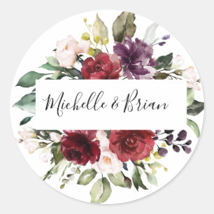 Romantisk vattenfärg Burgundy Red  Ro Blommigt Runt Klistermärke