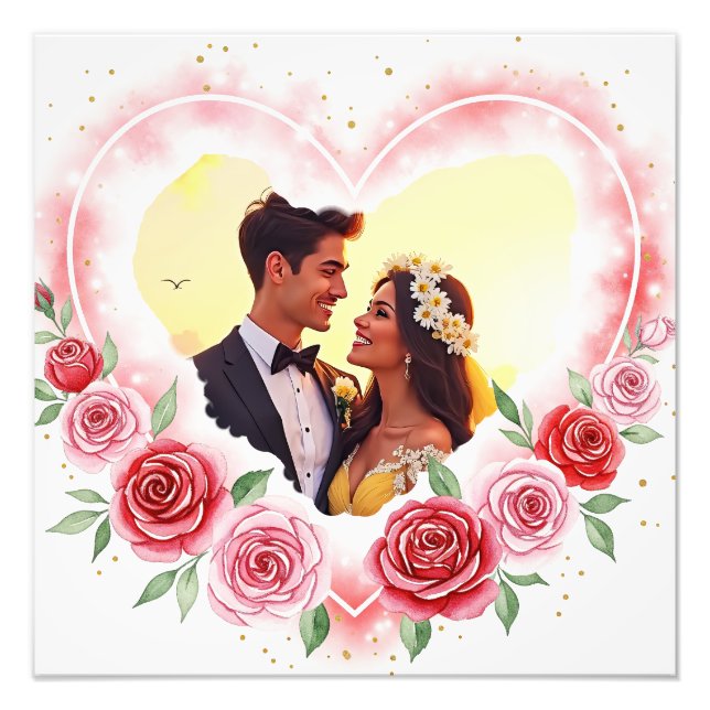 Romantisk vattenfärg Heart med Guld Sparkles Fototryck (Framsidan)