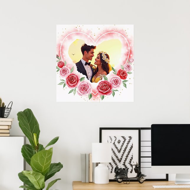 Romantisk vattenfärg Heart med Guld Sparkles Poster (Hemmakontoret)