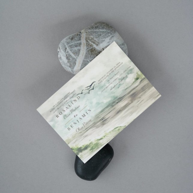 Romantisk vattenfärg liggande 3 foton Bröllop Inbjudningar (Skapare uppladdad)