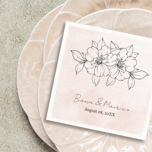 Romantisk  vattenfärg/svart Elegant-Blommigt Pappersservett (Romantic Blush Watercolor / Elegant Black Floral Napkins)