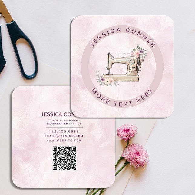Romantisk vattenfärg Sywing Maskin Illustration Fyrkantigt Visitkort ("Elegant vintage sewing machine logo – perfect for boutique branding with a romantic touch! #tailor)