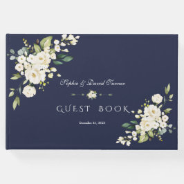 Romantisk vattenfärg White Flowers Navy Bröllop Gästböcker