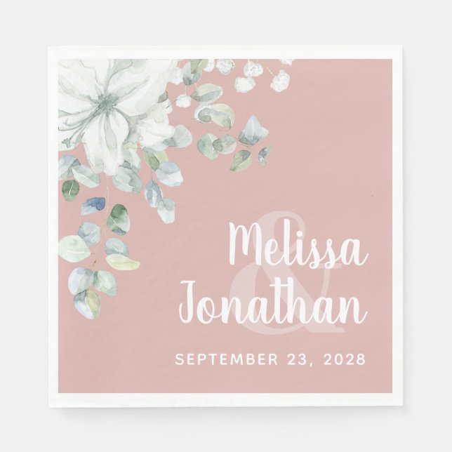 Romantisk vattenfärgad blommigt vita blommor bröll pappersservett (Framsidan)