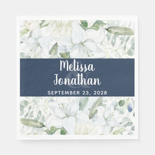 Romantisk vattenfärgad blommigt vita blommor bröll pappersservett (Framsidan)