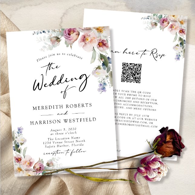 Romantisk vattenfärgsBlommigt Eucalyptus Bröllop Inbjudningar (WeddingInvitation-QRCodeRSVP-RomanticFloralEucalyptus)