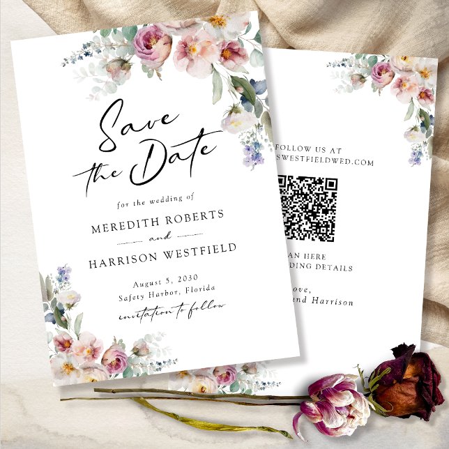 Romantisk vattenfärgsBlommigt Eucalyptus Bröllop Spara Datumet (Romantic Watercolor Floral Eucalyptus Wedding Save The Date)