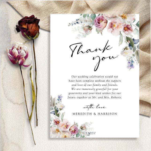 Romantisk vattenfärgsBlommigt Eucalyptus Bröllop Tack Kort (Romantic Watercolor Floral Eucalyptus Wedding Thank You Card)