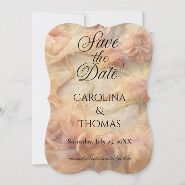 Romantisk vattenfärgsBlommigt Pearls Feathers Bröl Spara Datumet (Framsida)