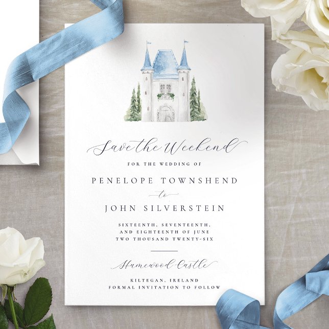 Romantisk Vattenfärgslott Helg HöstHögtidligt Bröl Spara Datumet (Romantic Watercolor Castle Weekend Wedding Save The Date Card)