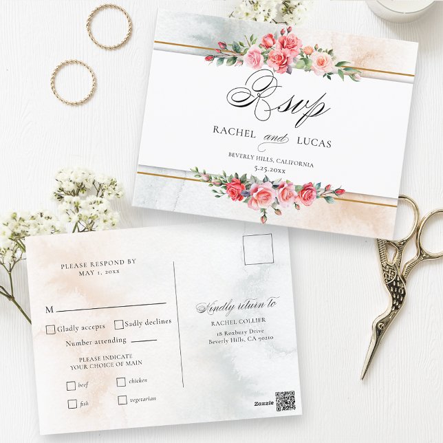 Romantisk vattenfärgsOSA Rosa ros & calligrafi Vykort (Skapare uppladdad)