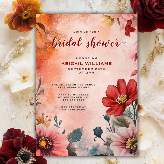 Romantisk vattenfärgssolnedgång Möhippa för Blommi Inbjudningar (Romantic Watercolor Sunset Floral Bridal Shower Invitation)