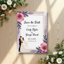 Romantisk vattenfärgstav och Blommigt Bröllop Spara Datumet