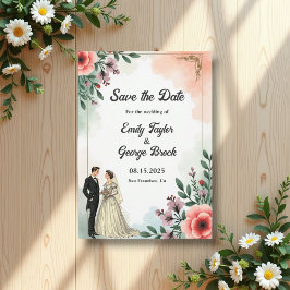 Romantisk vattenfärgstav och Blommigt Bröllop Spara Datumet