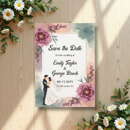 Romantisk vattenfärgstav och Blommigt Bröllop Spara Datumet