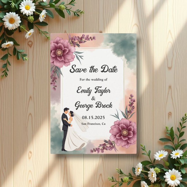 Romantisk vattenfärgstav och Blommigt Bröllop Spara Datumet (Skapare uppladdad)