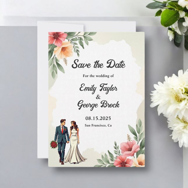 Romantisk vattenfärgstav och Blommigt Bröllop Spara Datumet (Skapare uppladdad)